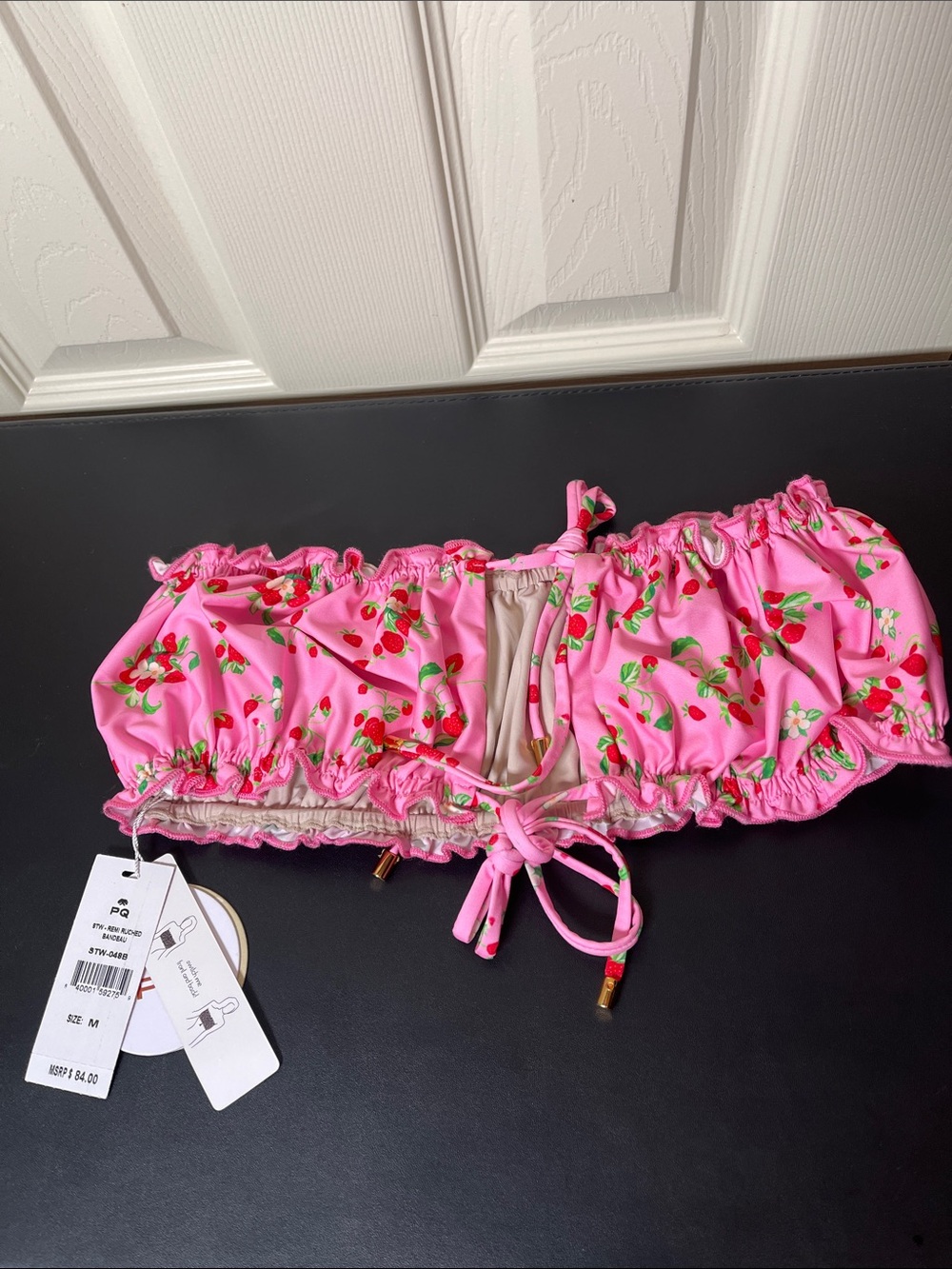 PQ Swim Pink Cherry Floral Ruched Bandeau Bikini Top